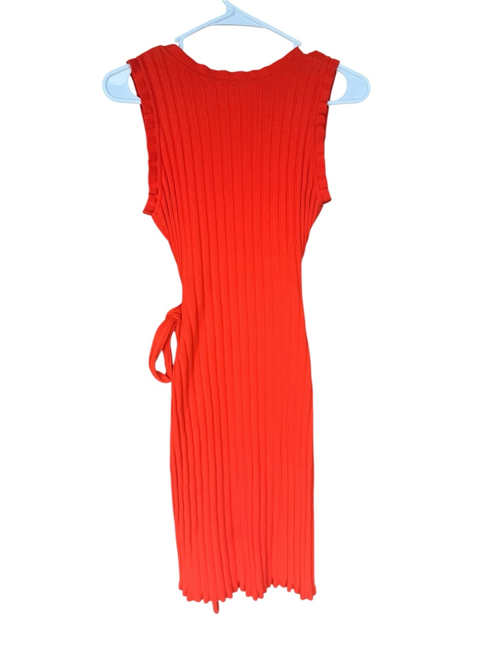 MILLY Persimmon Bold Orange V-Neck Rib Knit Wrap Dress - Picture 3 of 9